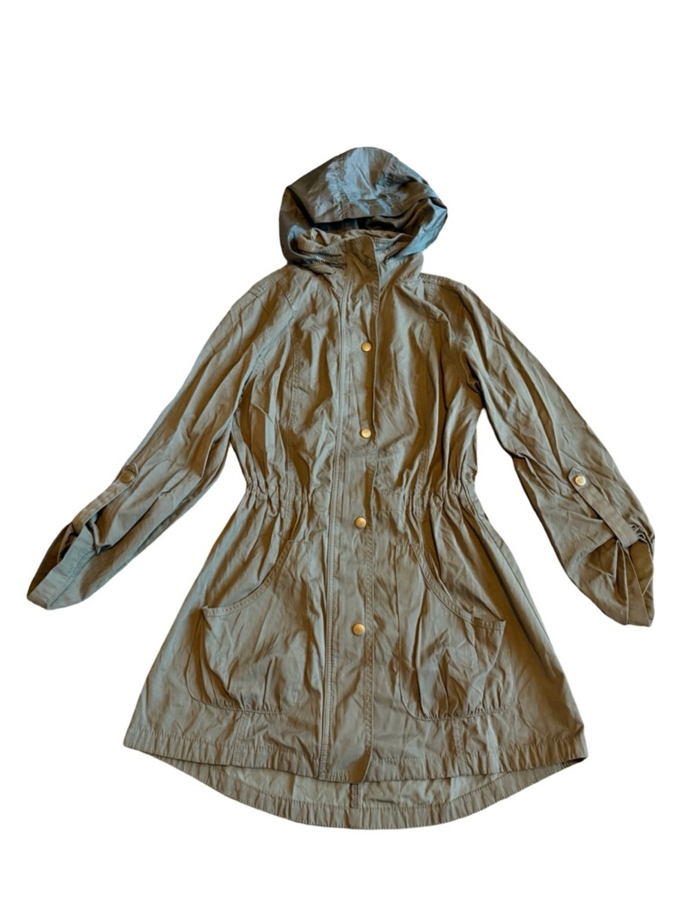 Mossimo Green Long-Length Utility Jacket Coat Trench Hidden Hood Size Medium